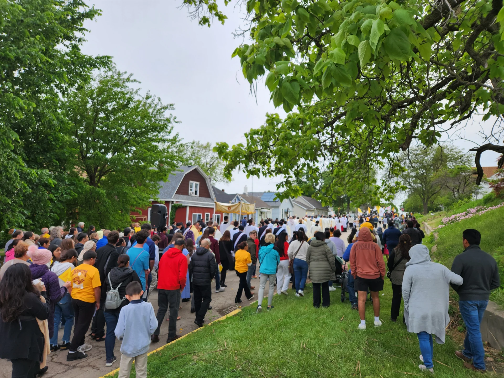 Pilgrims on the street moving forward