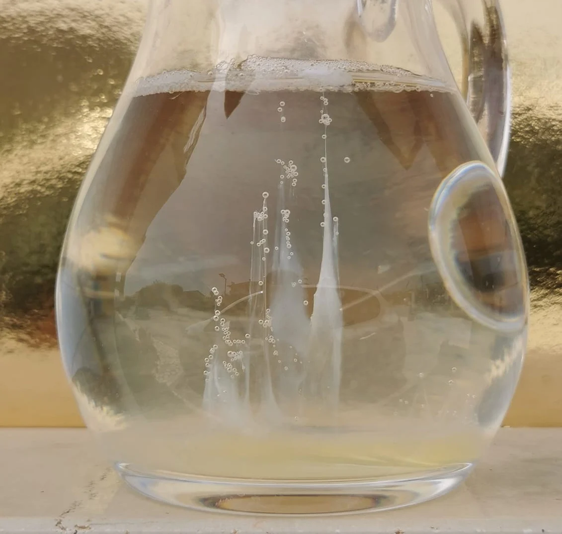 Egg white inside a pitcher of water creates the shape of a boat with sails