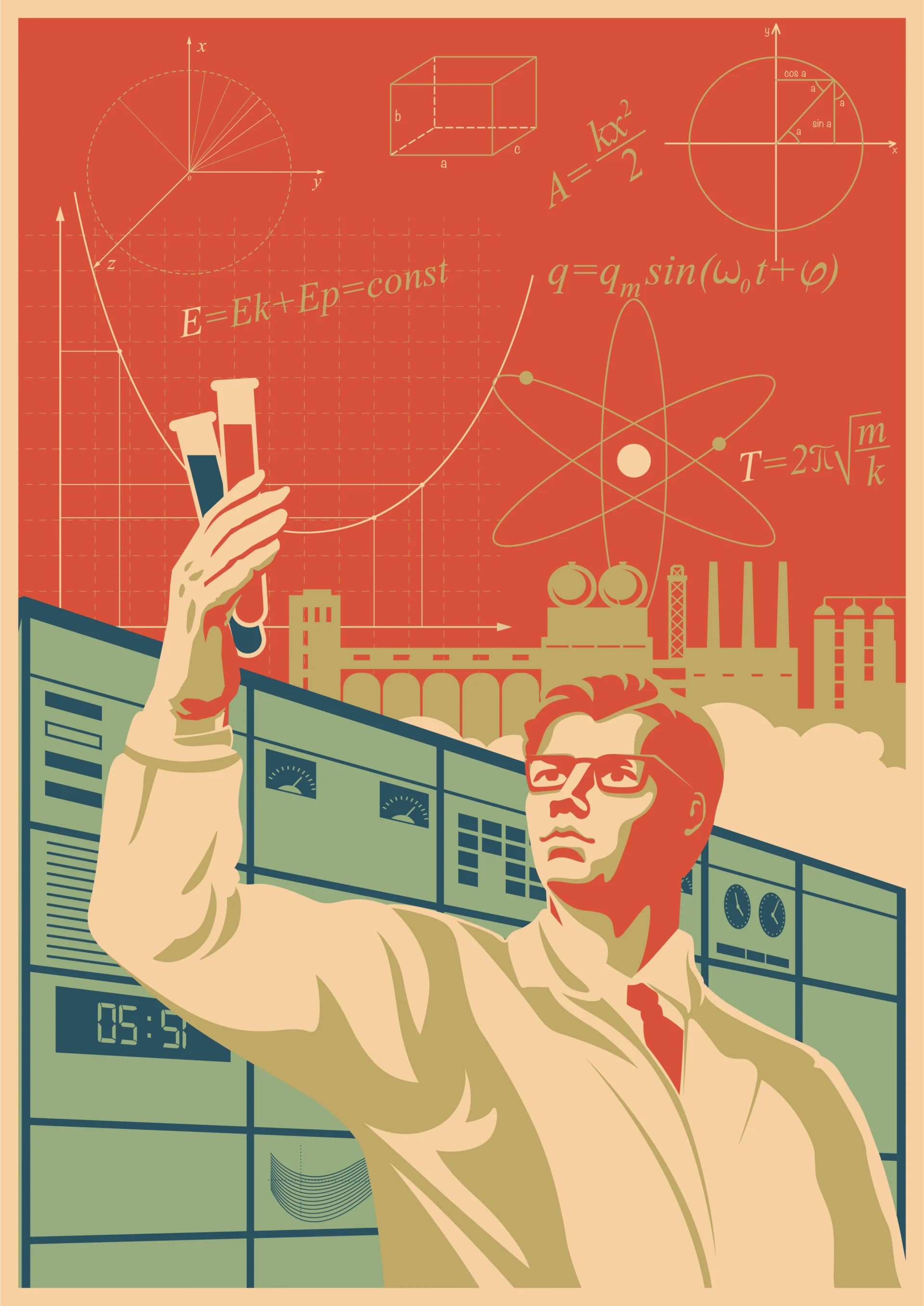 A scientist looking at test tubes, in the style of a propaganda poster