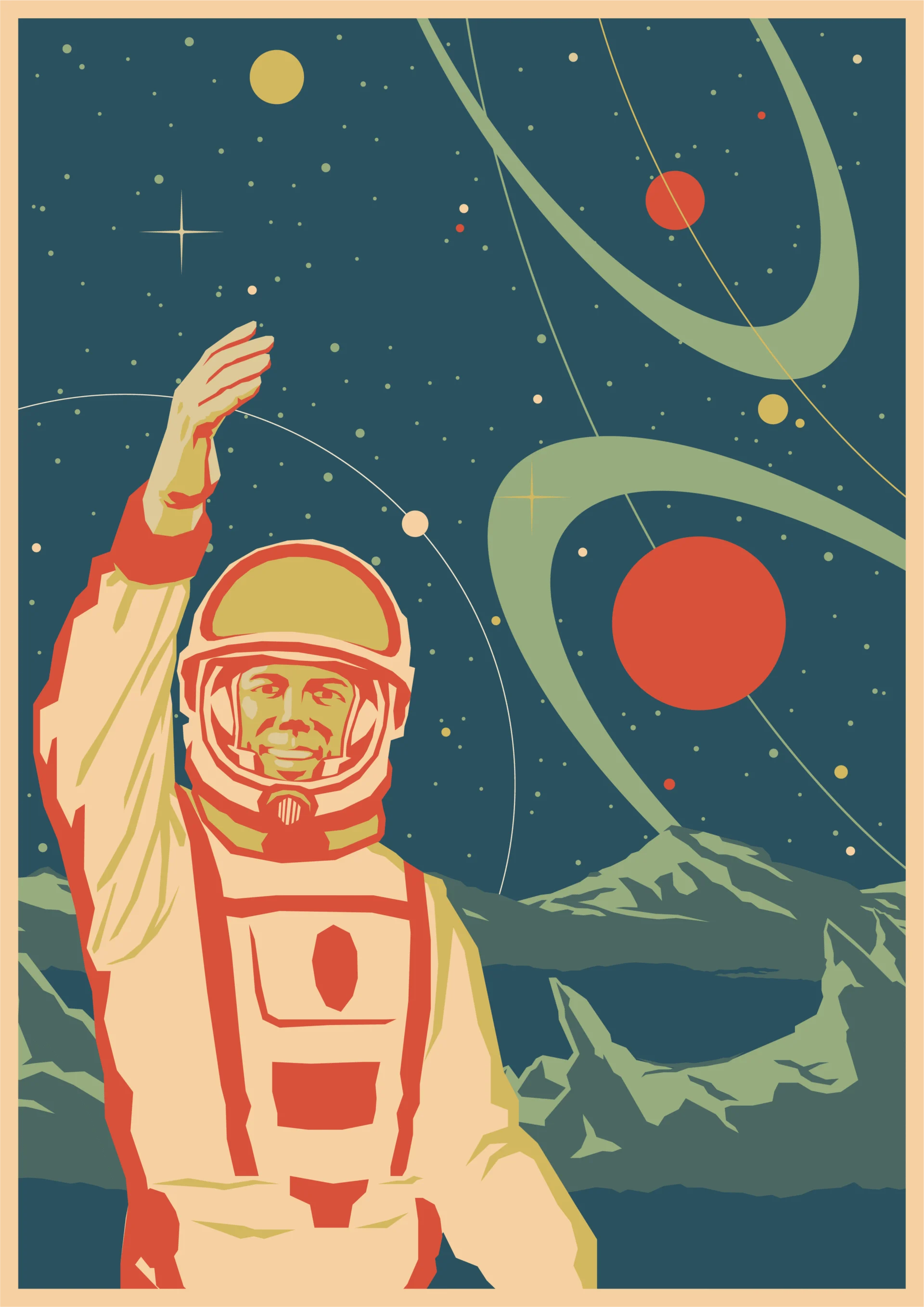 A man in a spacesuit, in the style of a propaganda poster