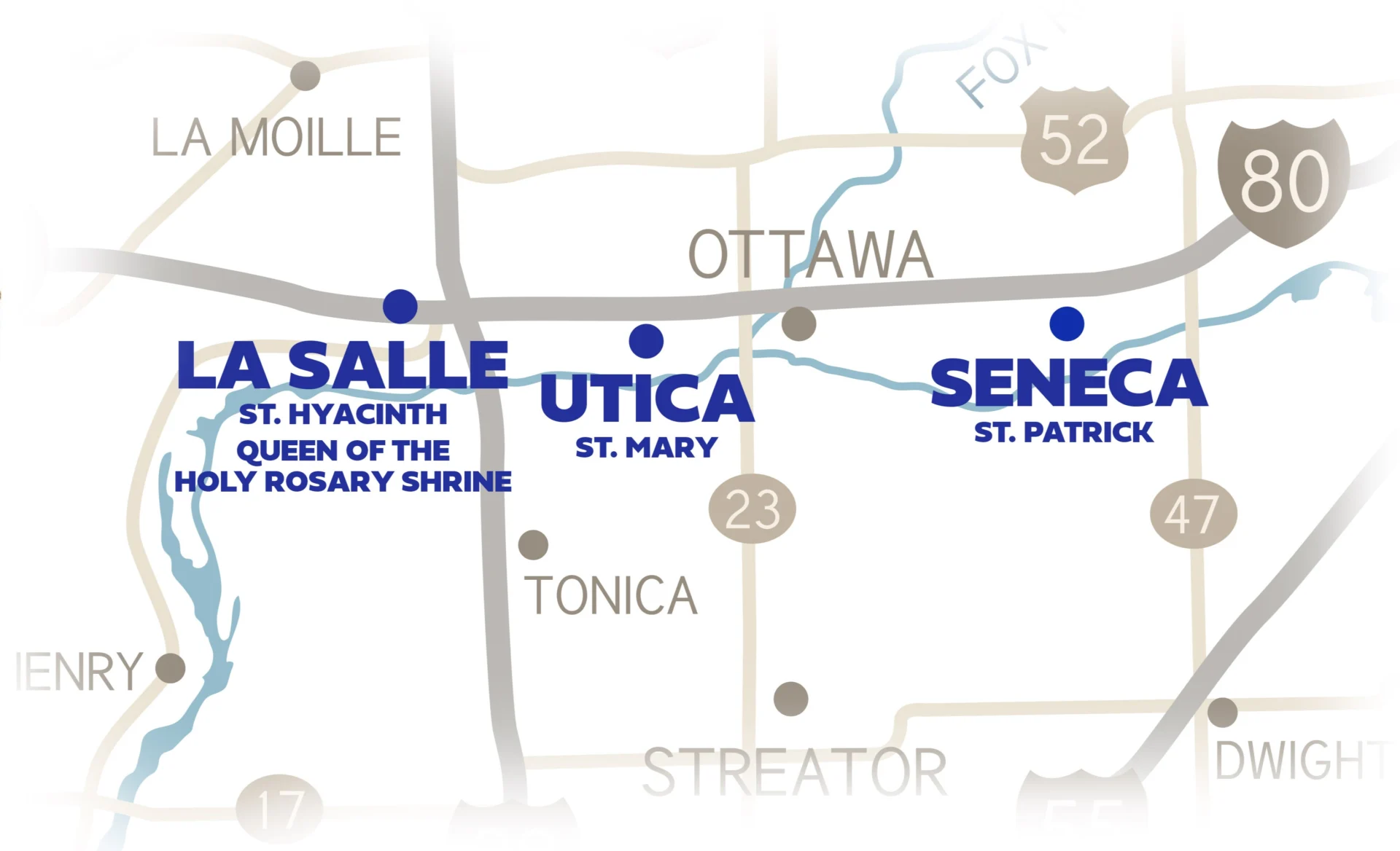Map of Day one of the National Eucharistic Pilgrimage in the Diocese of Peoria - visiting the towns of Seneca, Utica, and La Salle