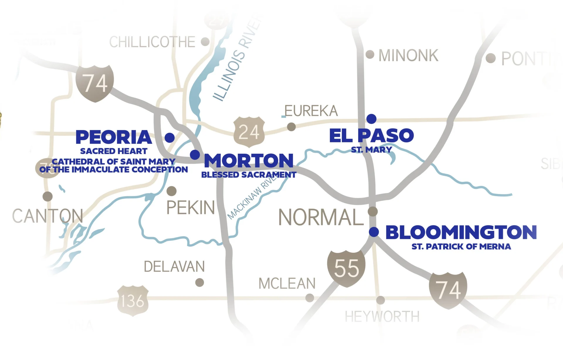 Map of Day two of the National Eucharistic Pilgrimage in the Diocese of Peoria - visiting the towns of Bloomington, El Paso, Morton, and Peoria