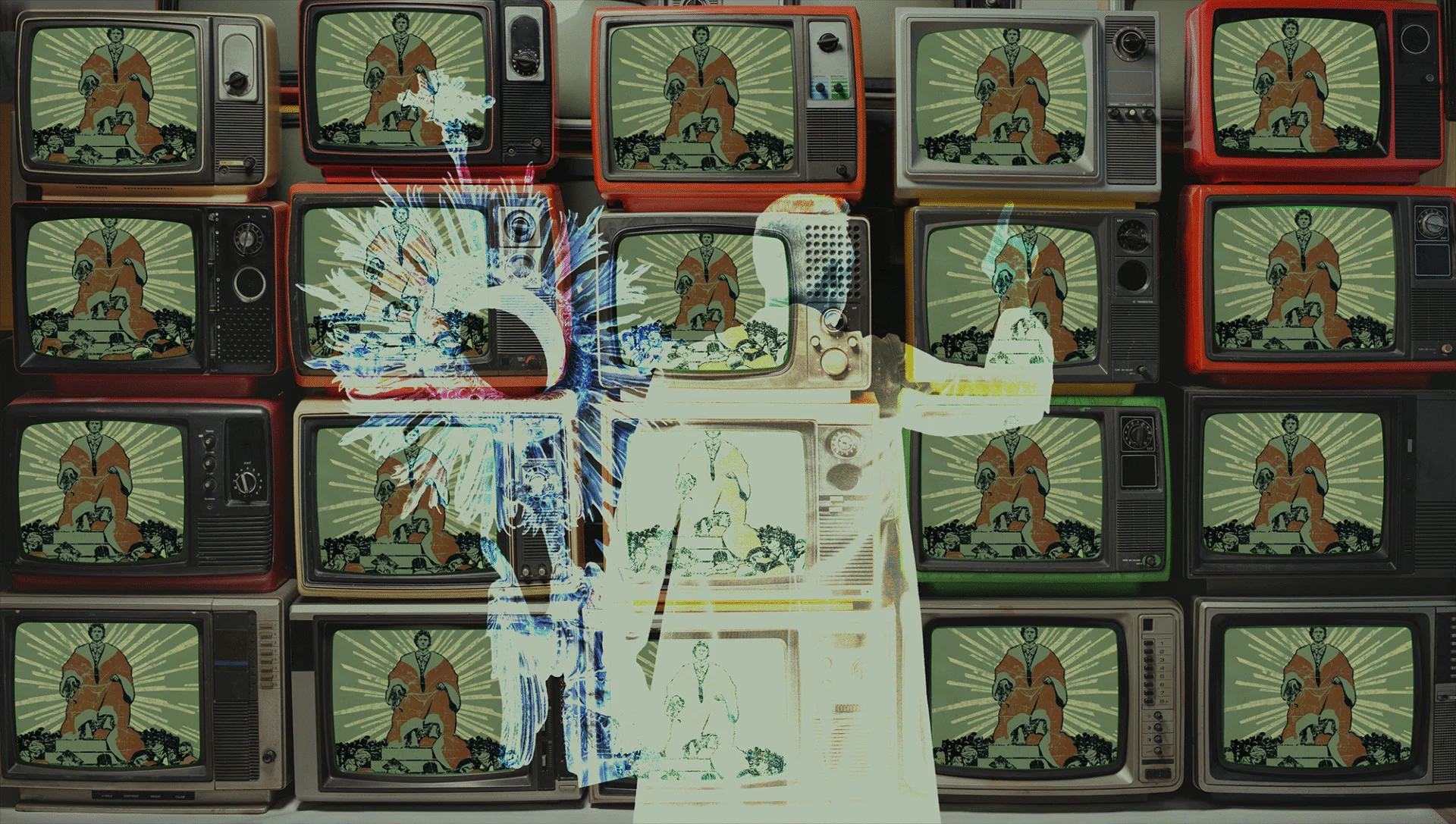 Artwork of a person holding a monstrance stands in front of a wall of tv's displaying the cover of the Lord of the World