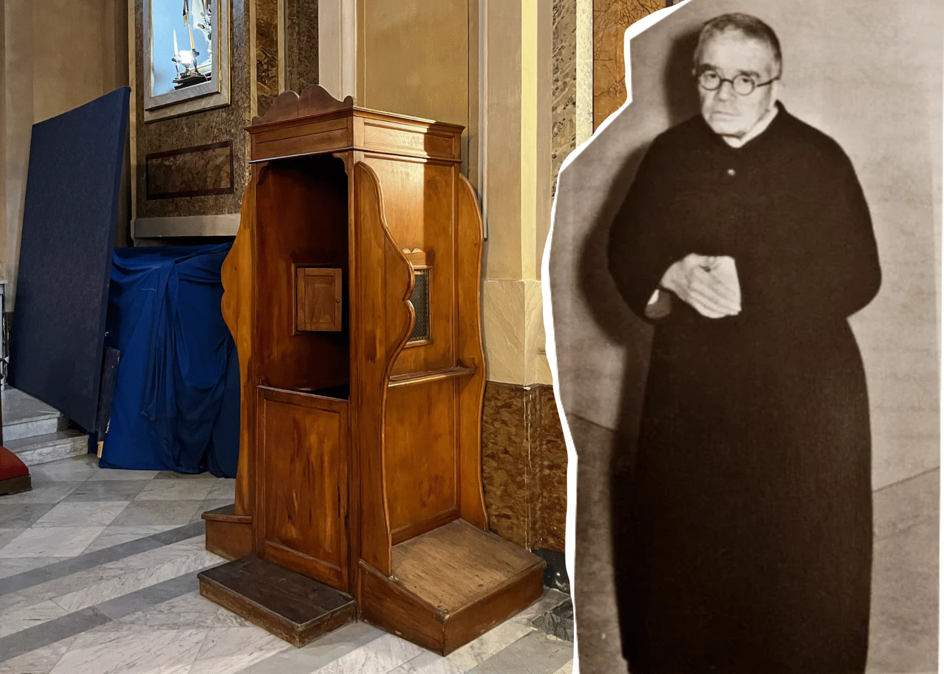 A confessional on one side and an image of Father Dolindo on the other
