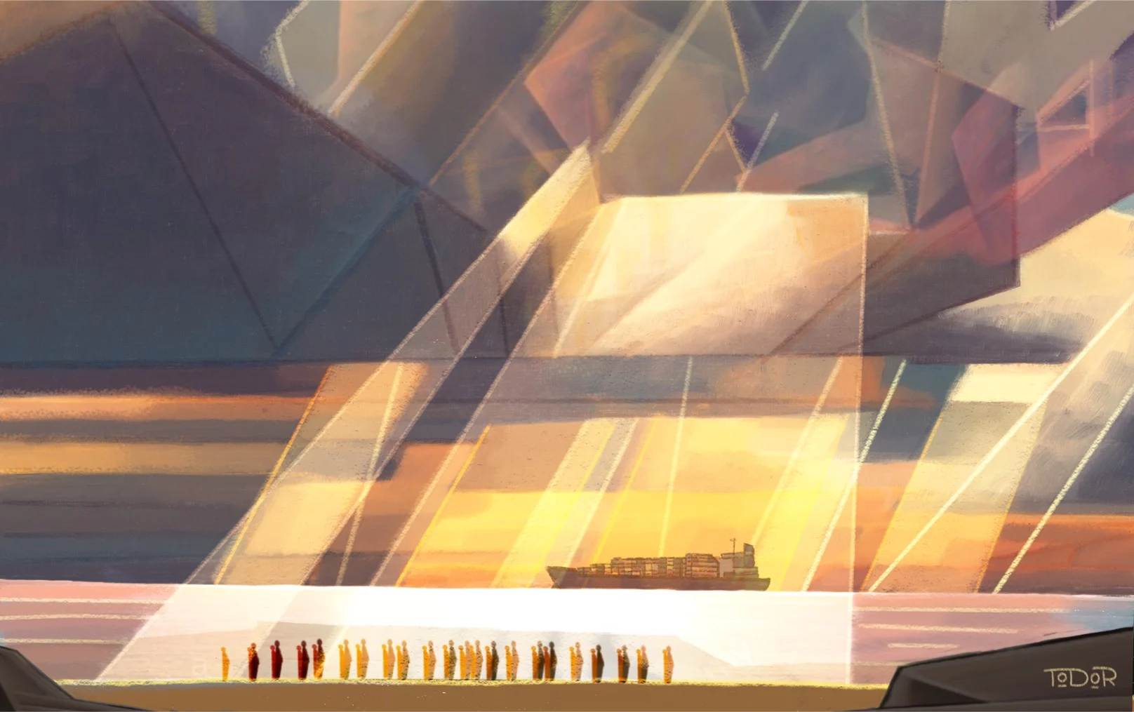 Still image of artwork from The 21 Film showing people walking in a line across a beach