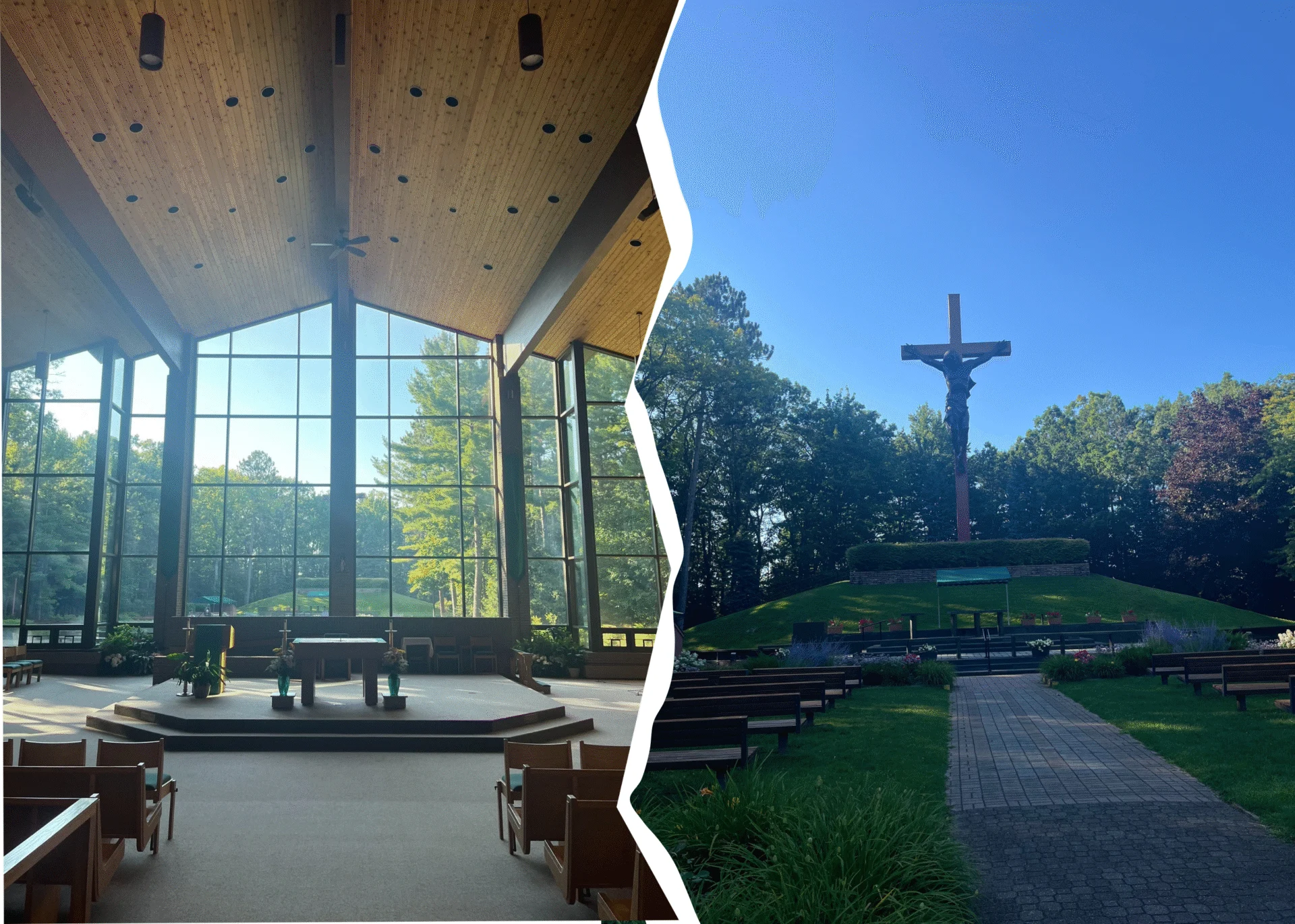 Image of the interior of a church on the left, and a cross outside on the right
