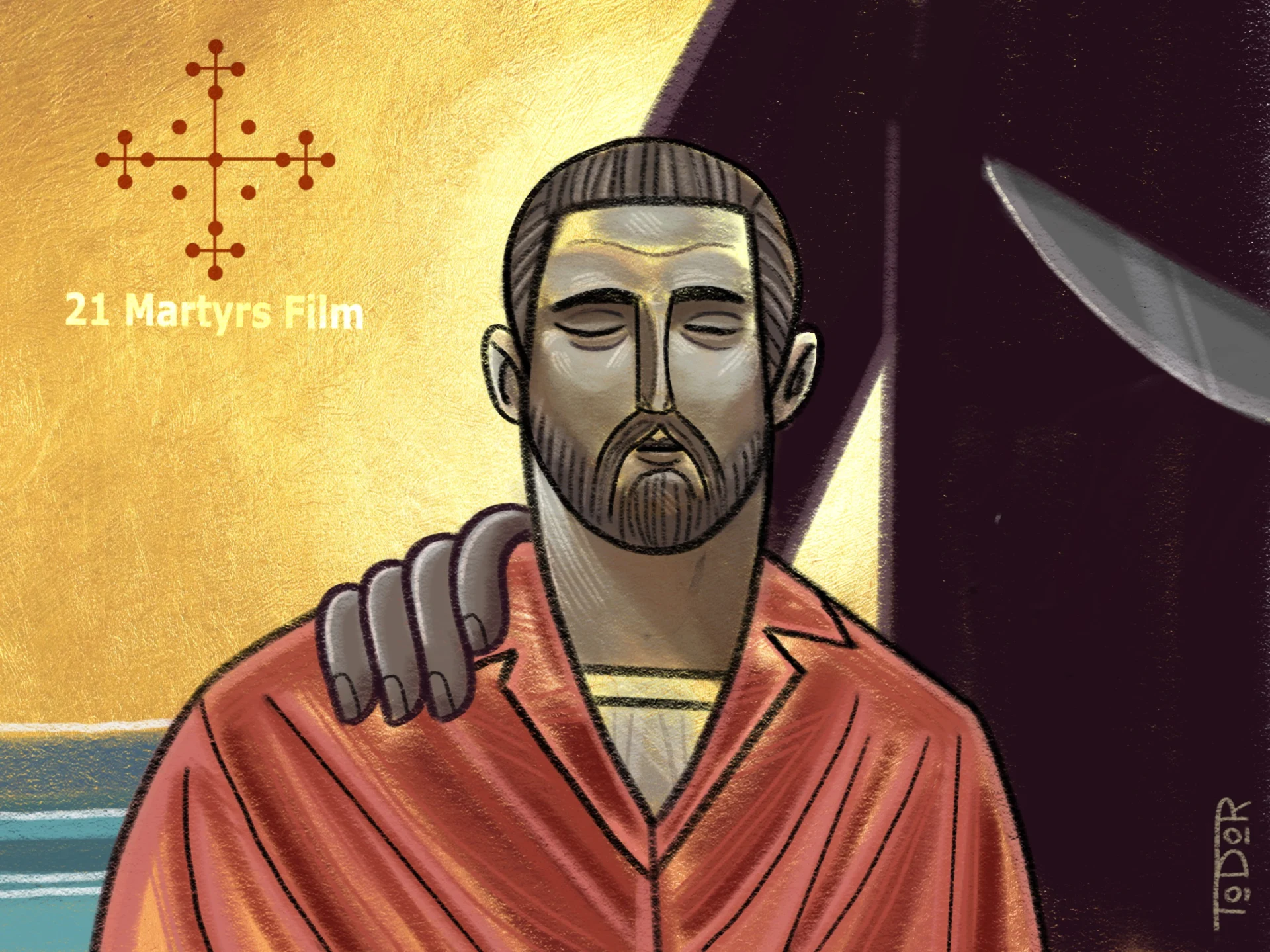 Still image of artwork showcasing a man wearing an orange jumpsuit