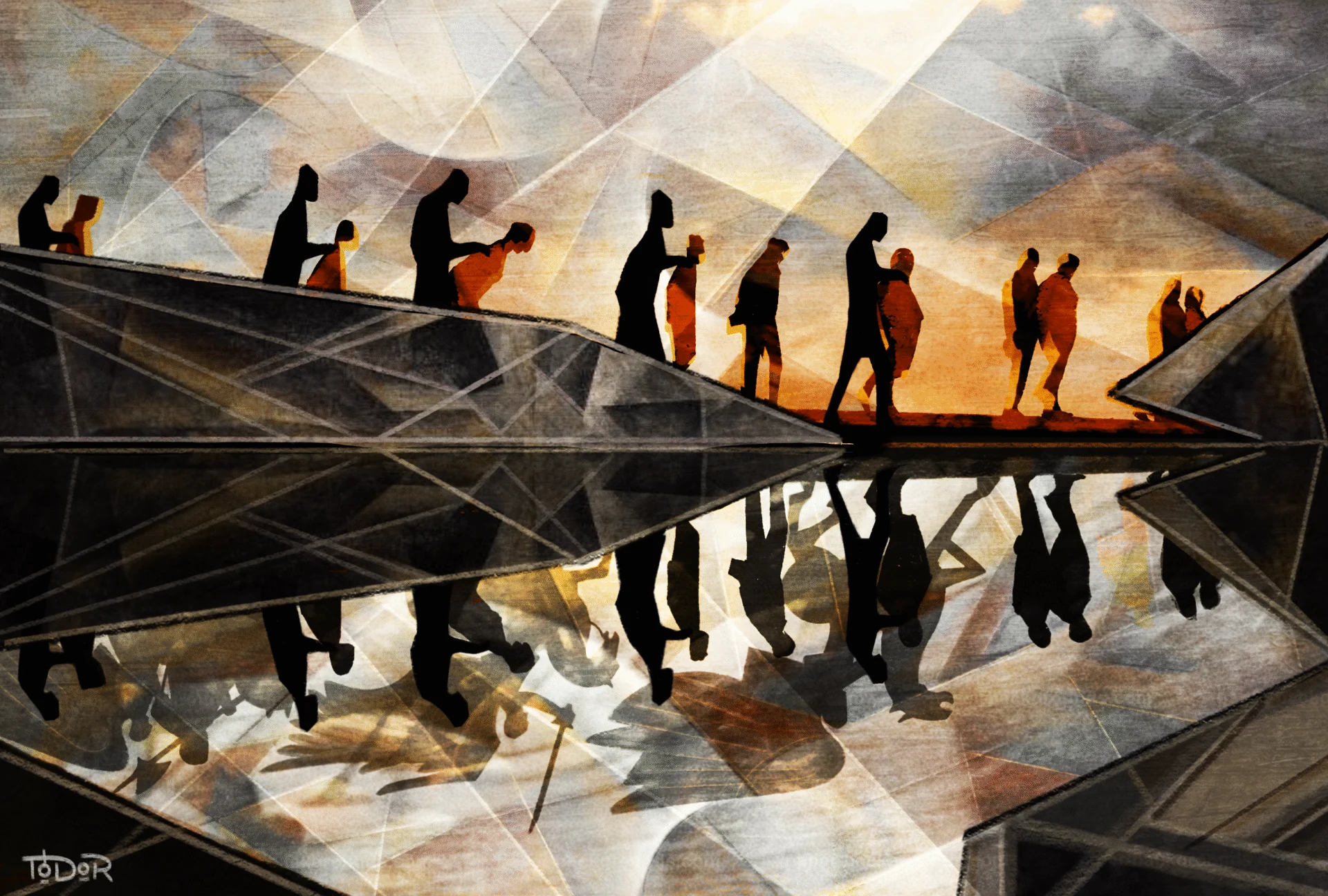Still image artwork from the film The 21 showing men being led in a line, with angels watching out for them