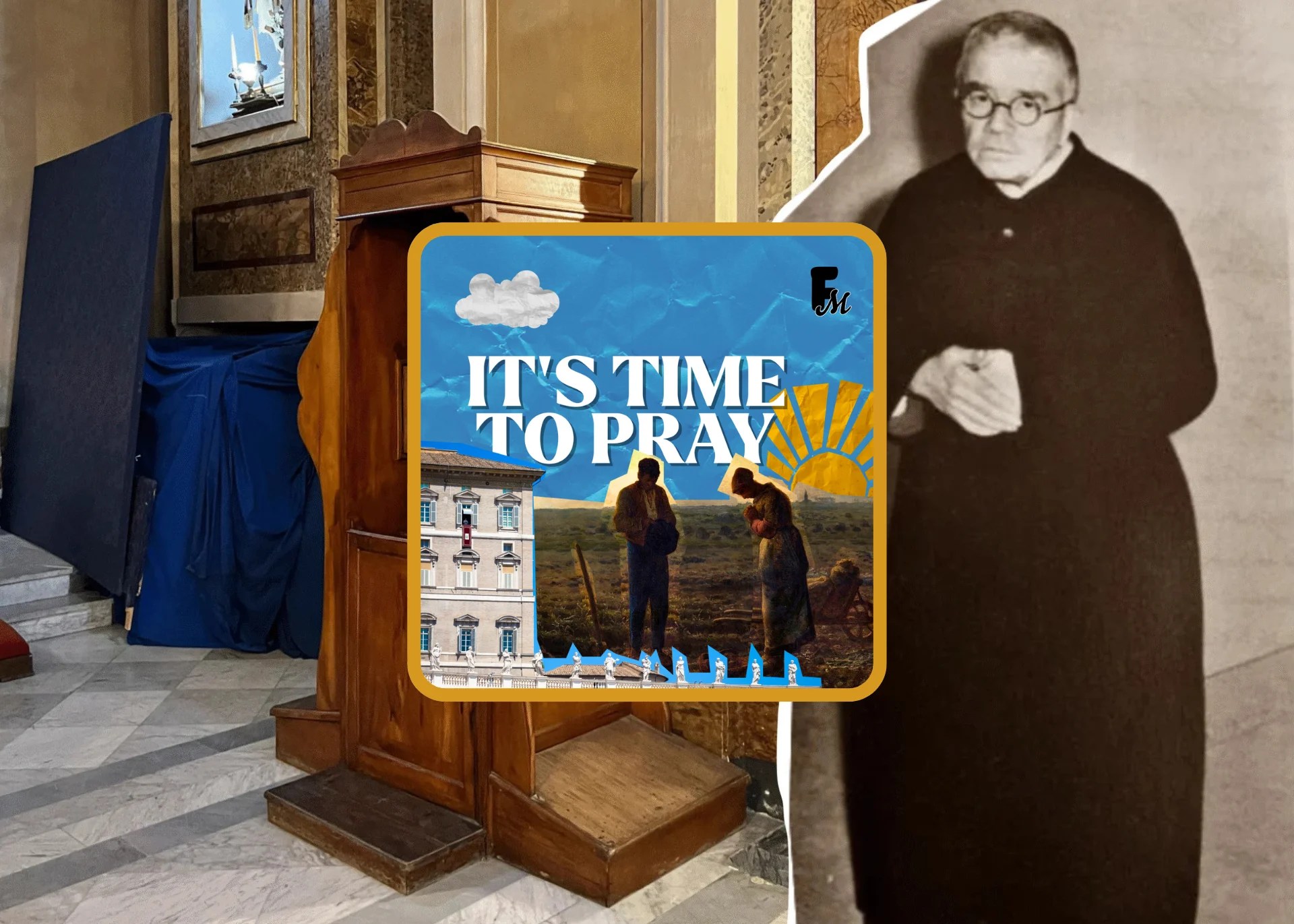 "It's time to pray" Angelus logo on top of an image of a confessional and a priest